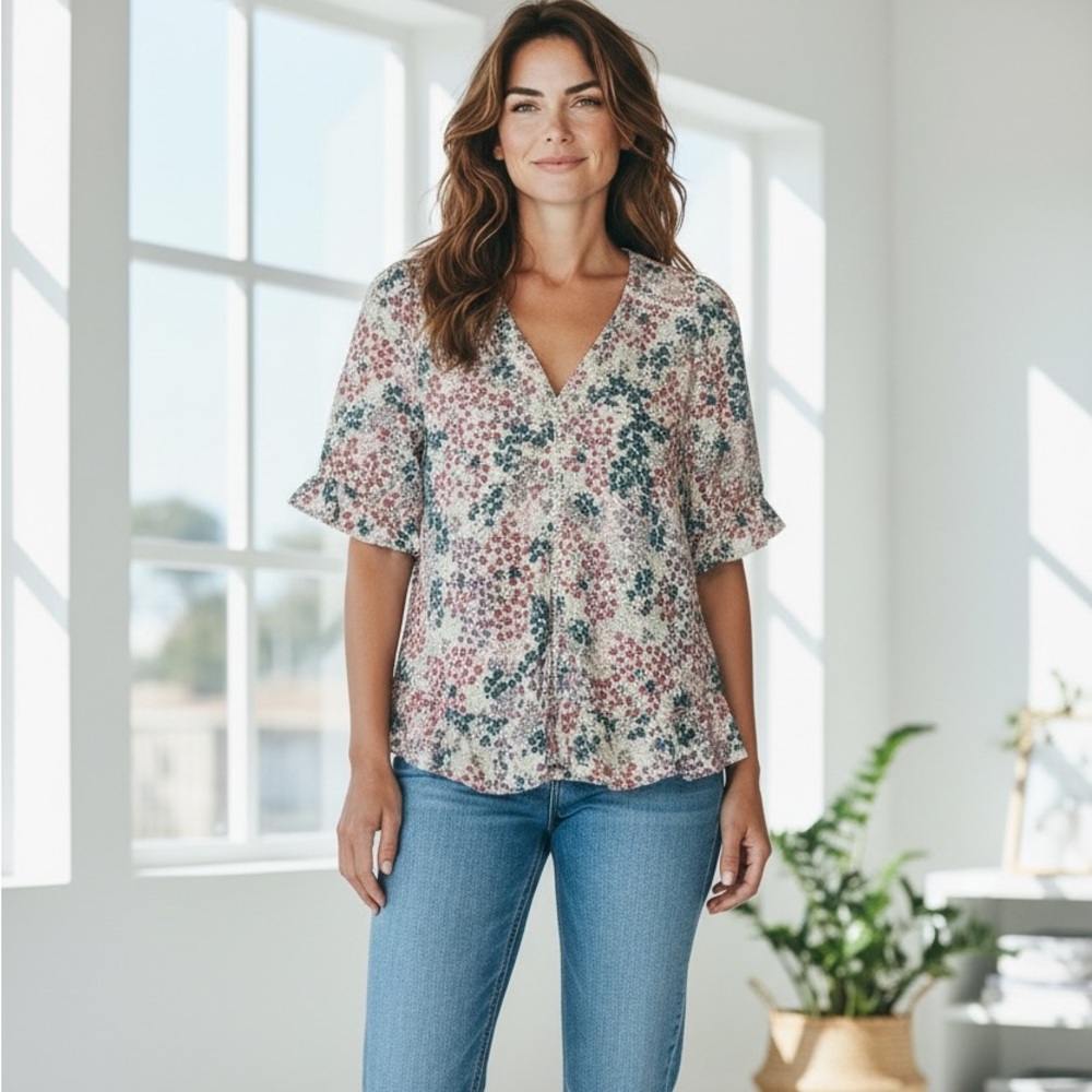 Lucky Brand Red and Blue Floral Blouse